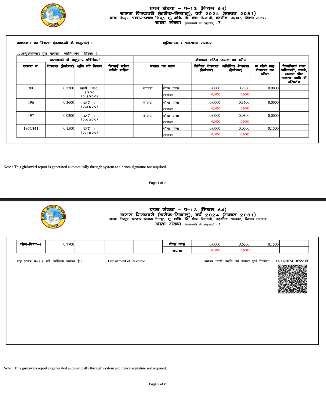 Girdawari Report sample — Rajasthan