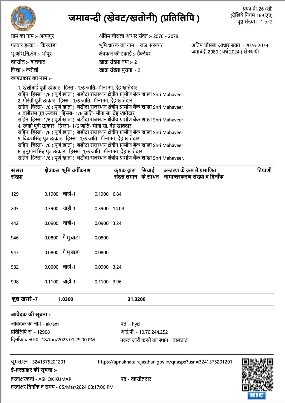 Jamabandi Nakal sample — Rajasthan